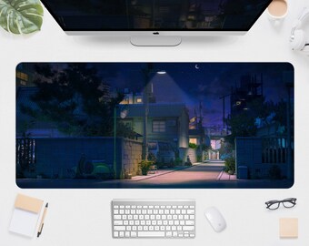 Anime-bureaumat, Japanse straatmuismat, lofi-esthetiek Tokyo City, lo-fi anime-behang, xxl Japanse gaming-bureaumat xxl gestikte randen