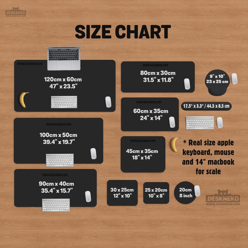 A detailed size chart for DeskNeko desk mat and mousepad options, ranging from small to extra large (XL, XXL, and 3XL) for any desk. Featured sizes include a 120x60cm (47"x23.5") extra large deskmat, as well as 100x60cm, 100x50cm, 90x40cm, 80x40cm, and 80x30cm. Smaller options like the 60x35cm and 45x35cm mouse pad are shown alongside a 20cm (8") circular mousepad. The guide also lists an ergonomic mouse pad at 23x25cm (9"x10") and a durable keyboard wrist rest at 44.5x8.5cm (17.5"x3.3").