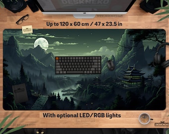 Green Japanese Desk Mat: Play Mat Mouse pad, Dark Keboard Deskmat rgb xl, Night Mt Fuji Forest Art, xxl Large Mousepad led, Anime Aesthetic