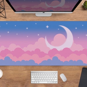 Kawaii Wolken Schreibtischmatte, Pastell Pink Mouse Pad, XL, Kawaii Extended Gaming Keyboard, Lila Himmel Mond Schreibtischmatte, XXL Mousepad