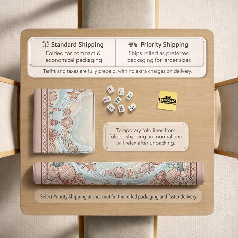 May include: A rolled-up desk mat and a folded desk mat with a beach-themed design featuring seashells, starfish, and coral in shades of pink, blue, and beige. The image also shows Mahjong tiles and text about shipping options.