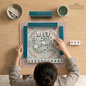 May include: A top-down view of a Mahjong set on a wooden table. The set includes teal tiles, a pink mat with a seashell design, dice, and a small bowl. A person is arranging the tiles. A cup of tea is also visible.