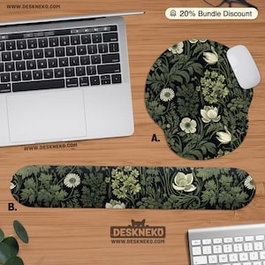 Ergonomic Mouse Pad with Wrist Rest, Dark Green Plants Flowers, Botanical Floral Mousepad, Keyboard Support Desk Mat, Nature Desk Accessory
