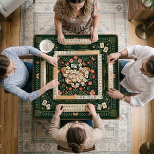May include: A square mahjong game mat featuring a dark green background with a central butterfly illustration, floral motifs, and gold-colored border lines. The mat displays game text including Charleston 1, Charleston 2, and Play Right Walls Left.