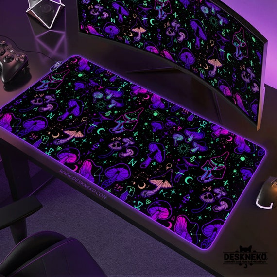Mushroom Desk Pad rgb, Witchy Deskmat purple, Goth witch psychedelic, XXL gaming mouse pad led, XL mousepad extended desk mat protector