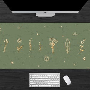 Sage green desk mat xxl, Esoteric mystical mousepad, herbology alchemy plants, gold and green deskmat, desk accessories, cute moon and stars