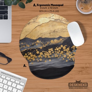 Ergonomic Mouse Pad with Wrist Rest, Abstract Mousepad xl, Art Deco Keyboard Support Desk Mat, Klimt Decor Accessory, Black & Gold Desk gift