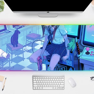 Lo fi Anime Desk Mat led rgb Mousepad, Neon vaporwave cyberpunk cat girl aesthetic lofi gaming deskmat xxl large , blue cyan small mouse pad
