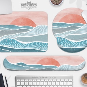 Küsten-Mousepad mit Handballenauflage, Mid Century modernes ergonomisches Mauspad niedlich, Ozeanblau-Rosa-Wellen, minimalistische abstrakte Art-Deco-Ästhetik