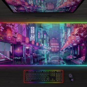 RGB Desk Mat Gaming Mousepad LED, Retro Neon Tokyo Vaporwave Synthwave Cyberpunk deskmat for gamers, XXL large extended japanese mouse pad