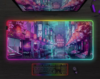 RGB Desk Mat Gaming Mousepad LED, Retro Neon Tokyo Vaporwave Synthwave Cyberpunk deskmat for gamers, XXL large extended japanese mouse pad