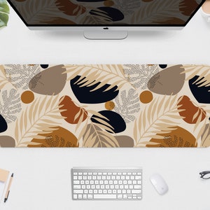 Boho desk mat mousepad minimal, Cute beige brown forest plants flowers, botany botanical pattern monstera matt, xxl gaming deskmat mouse pad 12" x 31" (30x80cm) inches
