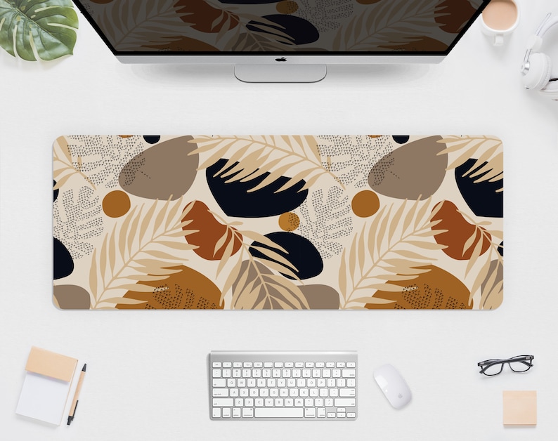 Boho desk mat mousepad minimal, Cute beige brown forest plants flowers, botany botanical pattern monstera matt, xxl gaming deskmat mouse pad 12" x 31" (30x80cm) inches