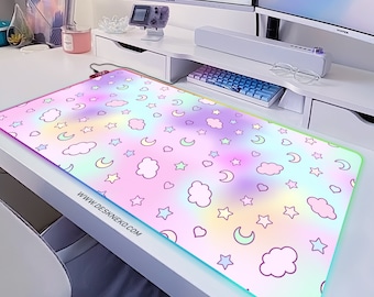 Kawaii Desk Mat pastel pink, Cute Mouse Pad, Kawai Aesthetic space clouds, Xxl Gaming Deskmat LED, Extended Mousepad XL, Large Keyboard Matt