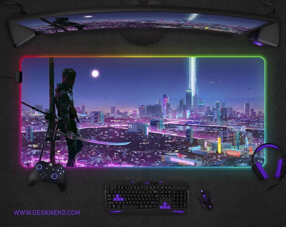 Vaporwave Gaming Desk Mat Cyberpunk City Mousepad Xxl, Neon Ninja