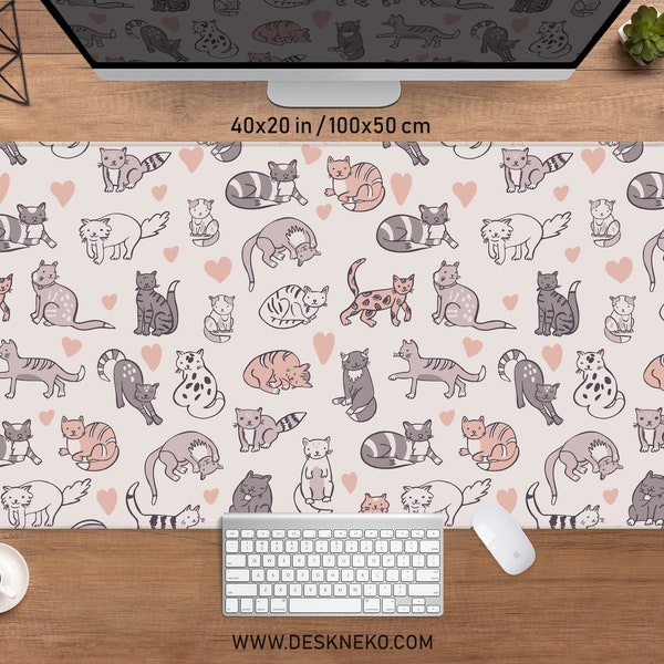 Cute cats desk mat minimal mousepad, Beige white mouse pad, XXL gaming deskmat RGB LED, Kawaii animals, Boho neutral colors, with wrist rest