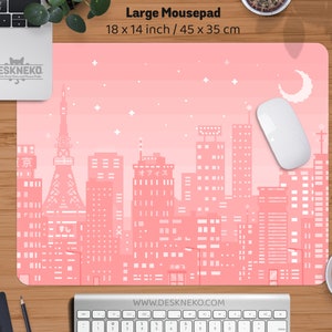 Rosa Handgelenkauflage niedlich, Ergonomisches Mousepad, Kawaii Mauspad Pixel Art City Moon, Soft Padded Keyboard Handgelenkstütze, Pastel Mousemat rutschfest
