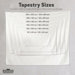 Peut inclure: Image pr&eacute;sentant des tapisseries blanches de diff&eacute;rentes tailles, avec des dimensions en cm et en pouces. Le texte "Tapestry Sizes" est en haut, avec une note sur l'orientation verticale. Les tailles varient de 107 x 61 cm &agrave; 264 x 223 cm.