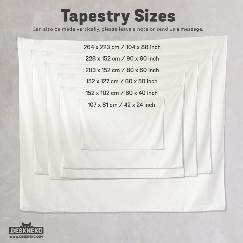 Peut inclure: Image pr&eacute;sentant des tapisseries blanches de diff&eacute;rentes tailles, avec des dimensions en cm et en pouces. Le texte "Tapestry Sizes" est en haut, avec une note sur l'orientation verticale. Les tailles varient de 107 x 61 cm &agrave; 264 x 223 cm.