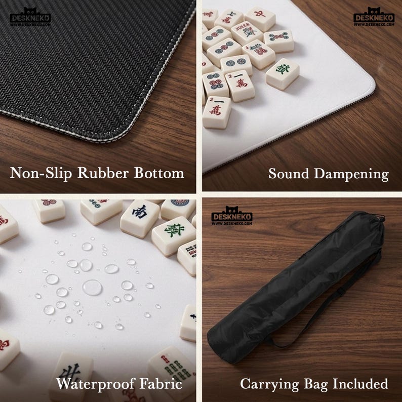 May include: A close-up of a black non-slip rubber bottom, white sound dampening surface, and waterproof fabric. The image also shows a black carrying bag and Mahjong tiles. The text in the image says "Non-Slip Rubber Bottom", "Sound Dampening", "Waterproof Fabric", and "Carrying Bag Included".