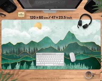 Mountains Desk Mat xl, Forest Mousepad xxl, Large Mouse Pad, Art nouveau decor, Abstract nature deskmat, Green minimalist landscape painting