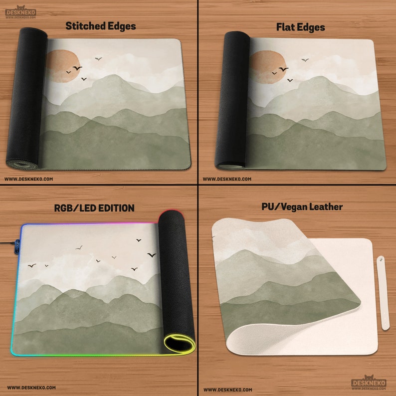 May include: Four different mouse pads with a landscape design are displayed. The designs include stitched edges, flat edges, an RGB/LED edition, and PU/Vegan leather. Each pad features a mountain scene with a sun and birds. The website address www.deskneko.com is visible.
