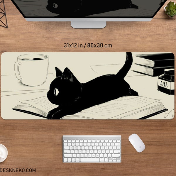 Black Cat Schreibtischunterlage niedliches Mauspad, Anime ästhetisches Mauspad, XXL Gaming Schreibtischmatte RGB LED, Kaffee Beige Kawaii Manga, Matt mit Handballenauflage