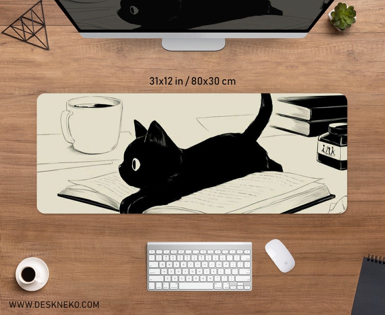 Black Cat desk mat cute mousepad, Anime aesthetic mouse pad, XXL gaming deskmat RGB LED, Coffee beige Kawaii manga, Matt with wrist rest image 3