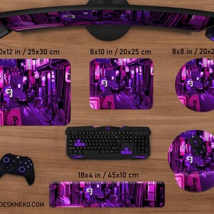 May include: A collection of computer accessories featuring a purple and pink cityscape design. Includes a 10x12 inch mousepad, a keyboard, a wrist rest, a controller, and a headset. The website address www.deskneko.com is visible.