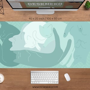 Mint Green Desk Mat Cats Pastel Mouse Pad Minimalist Sea Ocean