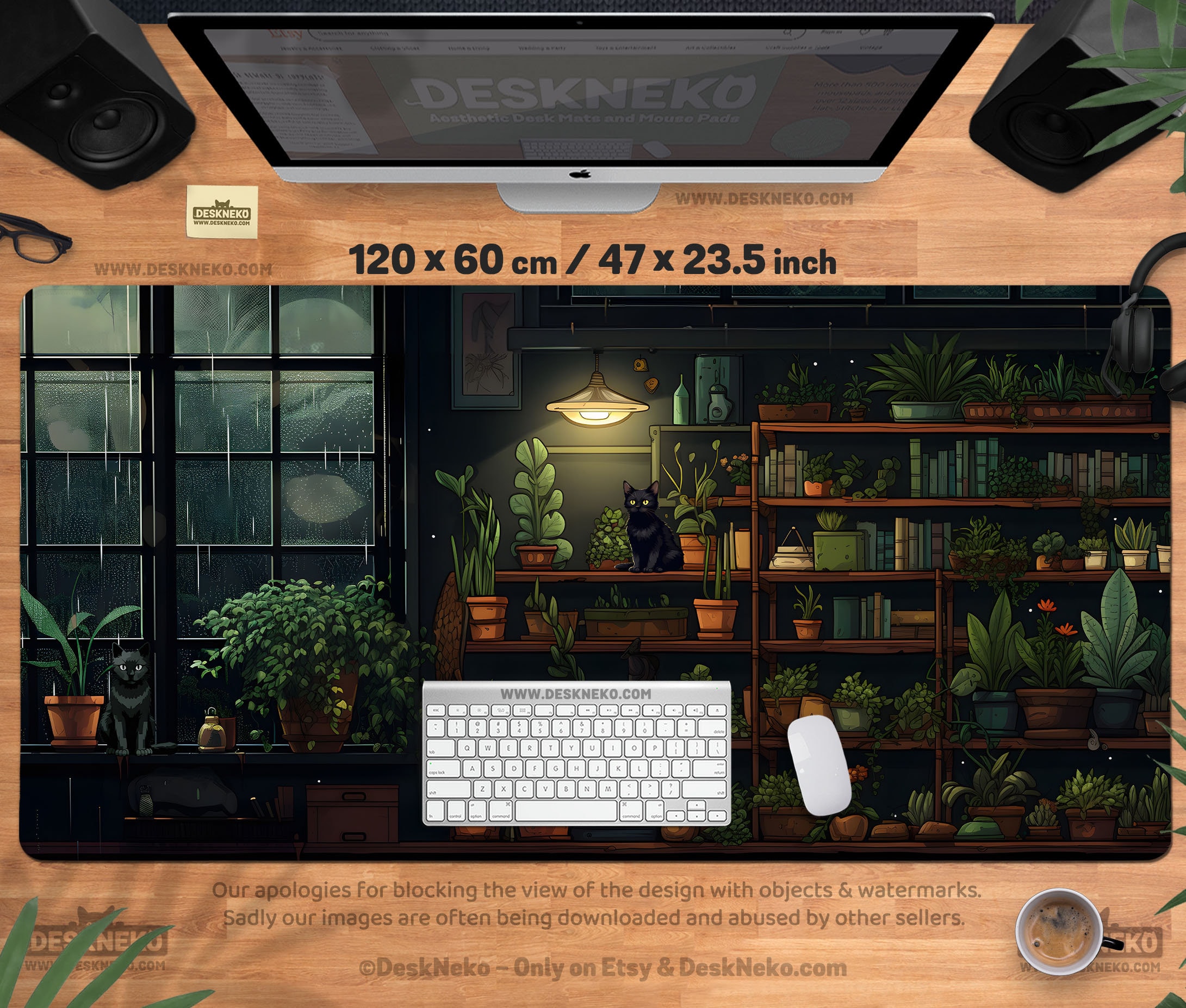 Cozy Desk Mat Mousepad, Large Mouse Pad Lofi Cat Aesthetic, Dark Green ...