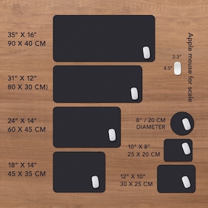 May include: A collection of black mouse pads in various sizes, including 35" x 16", 31" x 12", 24" x 14", 18" x 14", 10" x 8", 12" x 10", and a circular pad with an 8" diameter. Each pad has a white mouse and is displayed on a wooden surface.