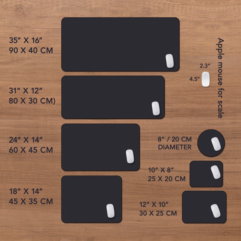May include: A collection of black mouse pads in various sizes, including 35" x 16", 31" x 12", 24" x 14", 18" x 14", 10" x 8", 12" x 10", and a circular pad with an 8" diameter. Each pad has a white mouse and is displayed on a wooden surface.