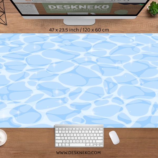 Kawaii blue Desk Mat anime ocean, Aesthetic Mousepad cute, Kawai white turquoise water waves, xxl large rgb led gaming deskmat xl mouse pad