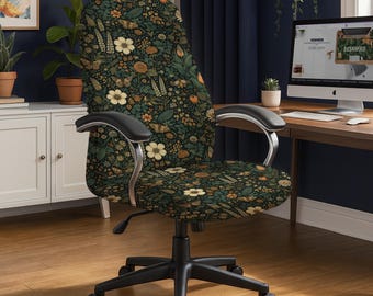 Bezug für Bürostuhl, botanischer Wildblumen Druck, Bezug für Gaming-Stuhl, Dunkler Cottagecore Bezug, Dekorativer Schreibtischstuhl Bezug, Dekorativer Schreibtischstuhl Bezug