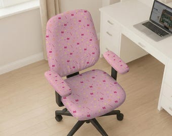 Desk Chair Covers, Pastel Pink Kawaii Chair Protector, Cute Office Decor Slipcover for Computer Chair with Arms, Elastic Washable Fit