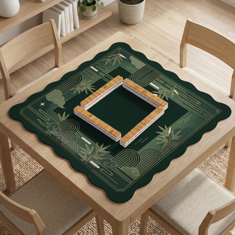 Pode incluir: Um tapete de Mahjong verde com borda ondulada, com desenhos dourados de bambu e nuvens. O tapete est&aacute; sobre uma mesa de madeira com um quadrado de pe&ccedil;as de Mahjong. A cena &eacute; iluminada por luz natural.
