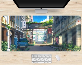 Anime bureaumat, Tokyo street desk mat xl, extra grote gamingmuismat, xl brede bureaumat, Anime Aesthetics landschap Japans dorp/stad
