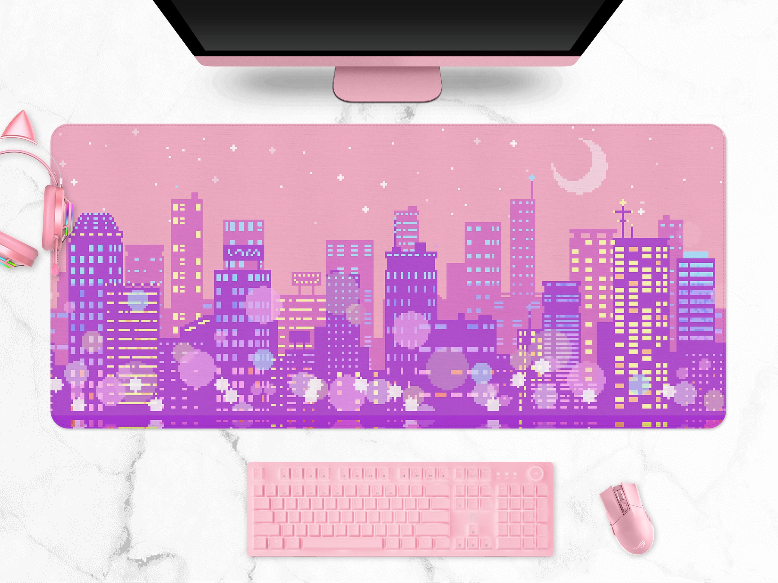Retro Anime Desk Mat, 90s Vaporwave Aesthetics, Pastel Pink