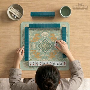 May include: A mahjong set featuring a square play mat with a light green background, a central lotus flower, and golden dragon illustrations. The set includes teal tiles, a bowl with white dice, and a small cup, all arranged on a wooden surface.