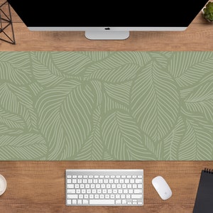 Sage Green Mousepad Desk Mat cute, Multiple sizes stitched edges, Boho chic green leaves nature mouse pad, xxl large extended deskmat