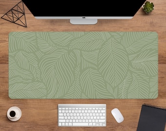 Sage Green Mousepad Desk Mat cute, Multiple sizes stitched edges, Boho chic green leaves nature mouse pad, xxl large extended deskmat