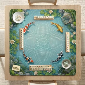 May include: A square mahjong mat featuring a pond illustration with four koi fish, water lilies, and bamboo. The mat includes four wooden tile racks, two white bowls with game pieces, and a small card labeled DESKNEKO on a light wood table.