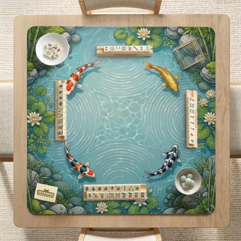 May include: A square mahjong mat featuring a pond illustration with four koi fish, water lilies, and bamboo. The mat includes four wooden tile racks, two white bowls with game pieces, and a small card labeled DESKNEKO on a light wood table.