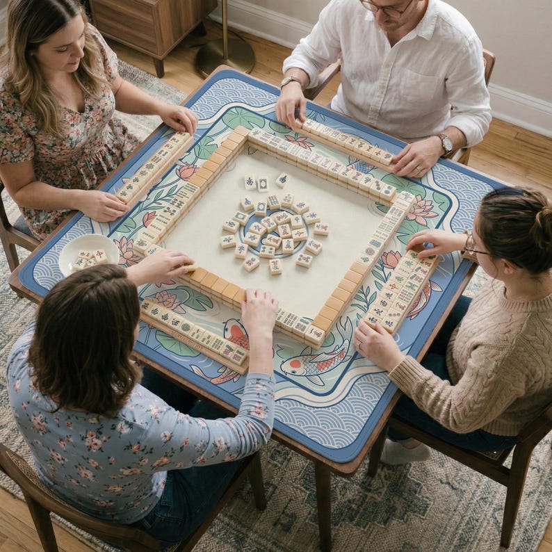 May include: A square Mahjong table with a blue and white decorative border featuring koi fish and floral designs. Four people are seated around the table, playing the game with wooden tiles. The table is set on a wooden floor.