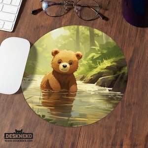 Cute Bear Mouse Pad, Kawaii Mousepad, Ergonomic Keyboard Wrist Rest, Anime animal deskmat, green mouse mat small round, Desk Decor gift