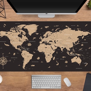 Tapete de mesa de mapa mundial XXL, mousepad de mapa mundial histórico, tapete de mesa de computador extra grande, mouse pad topográfico xl preto e marrom 16" x 35"
