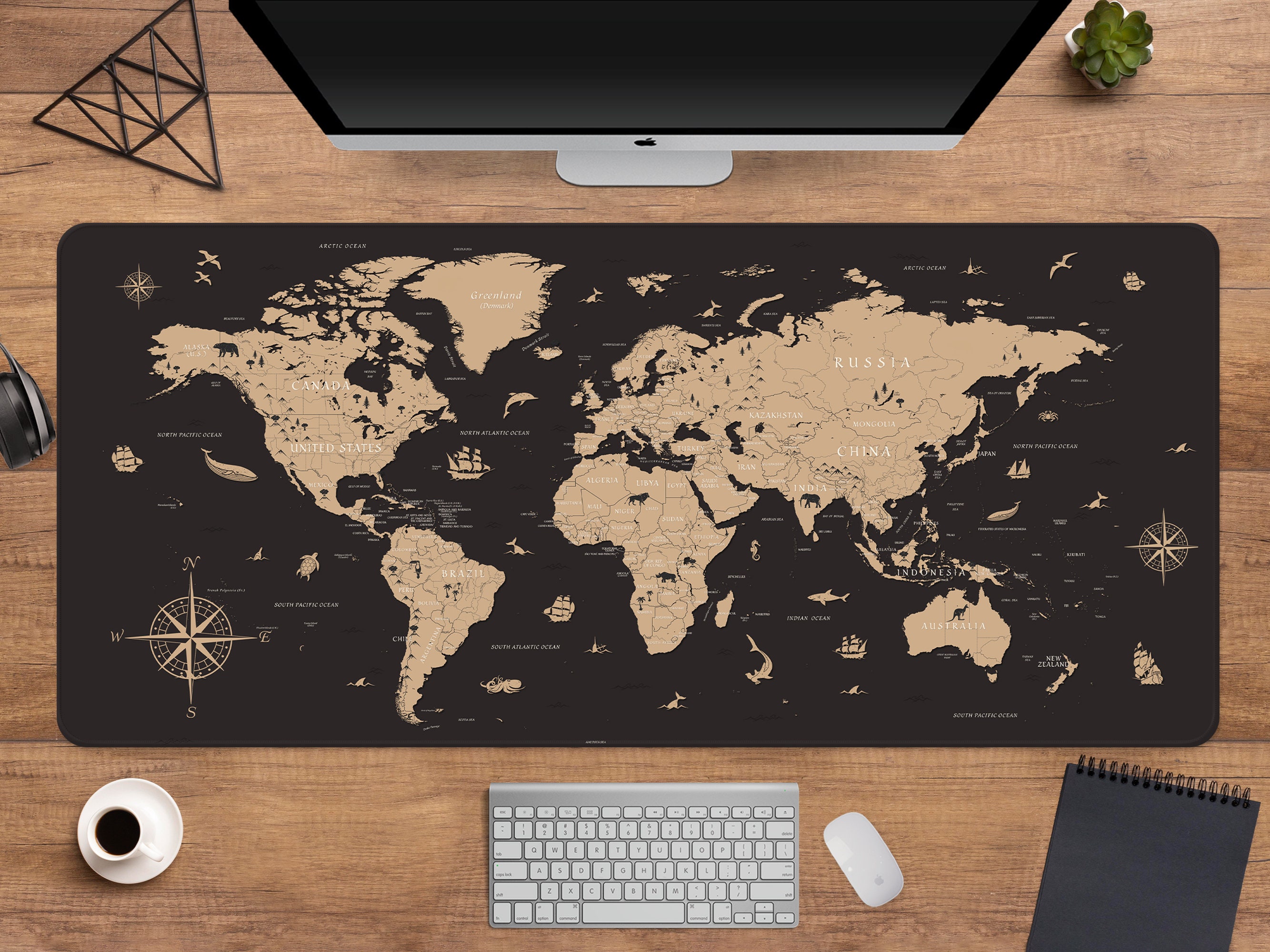 Tapis de bureau de carte du monde XXL, tapis de souris de carte historique  du monde, tapis de bureau dordinateur extra large, tapis de souris  topographique noir et brun xl 16 x