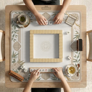 May include: Overhead view of a mahjong table with beige tiles and a floral and seashell patterned mat. The table is made of light wood and has the text "DESKNEKO" on the top. Two people are playing, with hands visible, and tea cups are on the table.