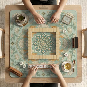 May include: A square mahjong mat featuring a light green background with a central lotus flower motif, golden dragon illustrations, and floral patterns. The mat is set on a wooden table with mahjong tiles, a tea cup, and a tile rack.